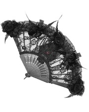 Devil Fashion Donna Gotico Lolita Mano Tenuto Ventola Pizzo Nero con Piume Rosa