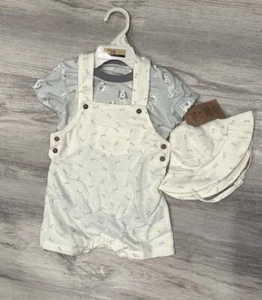 Chick Pea 3 Piece Set NWT Overall Shorts T-Shirt Hat Chin Strap Dogs Bones 6-9m - Picture 1 of 4