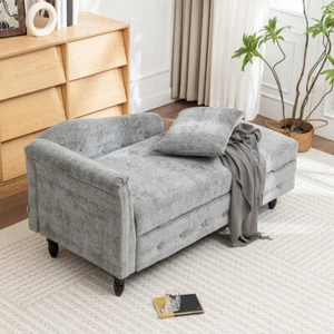 Upholstered Lounge Chair with Storage Chenille Chaise Longue UK Small Space Grey - Picture 1 of 13