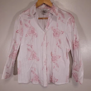 Como Women's L White Embroidered Floral Print Long Sleeve Button Up Blouse - Picture 1 of 6