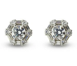Baguette & Round CZ Diamond Hexagon Shape Studs For Women 925 Sterling Silver - Picture 1 of 9