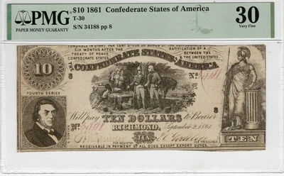 T-30 PF-6 $10 1861 Confederate Paper Money - PMG Choice Very Fine 30 - Image 1 of 2