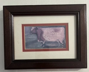 "Impresión de vaca primitiva de arte popular enmarcado vintage de N. Schneeman firmada 8,5 x 6,75""" - Imagen 1 de 4