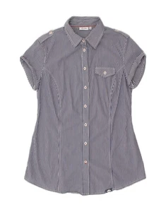 ELLESSE Womens Short Sleeve Shirt UK 12 Medium Blue Pinstripe Cotton AU13 - Picture 1 of 3