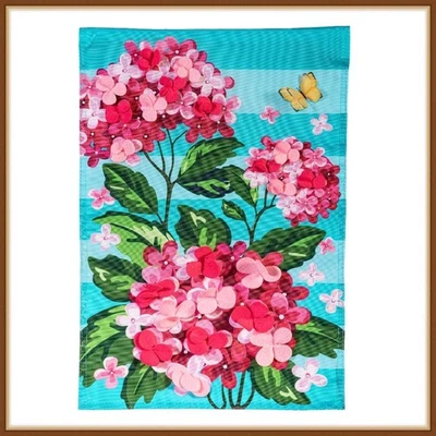 EVERGREEN GARDEN FLAG * PINK HYDRANGEAS * EMBELISHED APPLIQUE' - BRAND NEW - Image 1 of 4