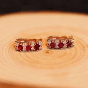 18K Gold Natural Ruby & Diamond Earrings 0.55 ct Princess Cut - Picture 1 of 9