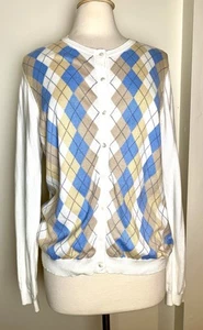 Brooks Brothers Women’s XL Argyle Country Club Cotton Sweater Ivory Blue EXC! - Picture 1 of 7