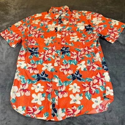 Camisa Antigua Azul Marino Floral Abotonada Manga Corta Naranja Calce Clásico Para Hombre Mediana Foto 1 de 4