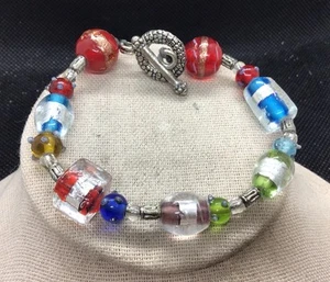 Vintage Costume Chunky Multicolor Murano Glass Beaded Toggle Bracelet 8" G163 - Picture 1 of 3