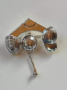 Silvertone Baseball Glove Hat Pin Brooch Pendant Combination w Bat Charm Dangle - Picture 1 of 9