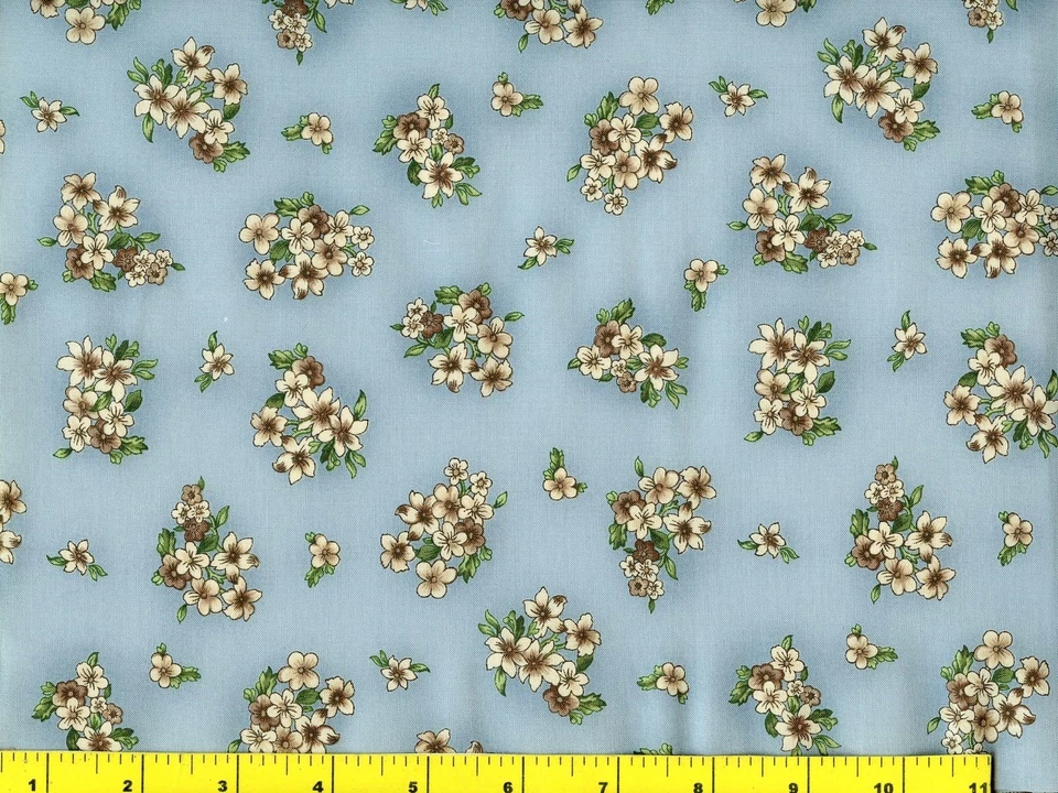 Small White Flower Bouquets on Light Blue Flowers Quilting Fabric by Yard #437 - Image 1 of 1