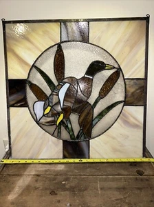 Vintage Tiffany Style Stained Glass Mallard Duck Window Art Bevel Edges ~21x21” - Picture 1 of 18