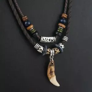 Vintage Men's Wolf Tooth Pendant Necklace – Leather Beaded Woven Prayer Jewelry - Picture 1 of 24
