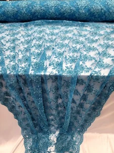 Turquoise Hand Beaded Lace Fabric Sold by the Yard Floral Flowers Embroidered  - Picture 1 of 14