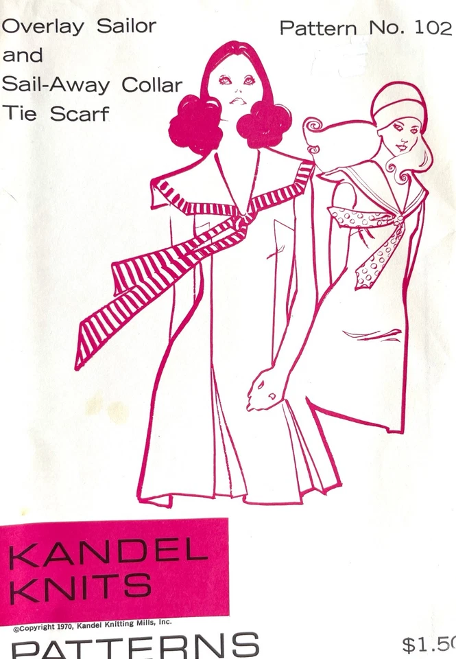 1970's Kandel Knits Overlay Sailor,Sail-Away Collar Tie Scarf Pattern 102 UNCUT - Image 1 of 1