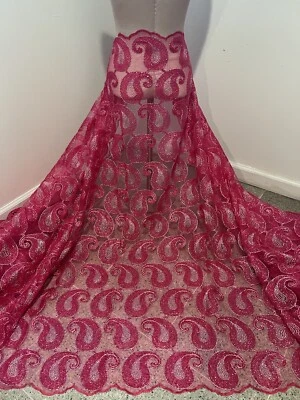 FUCHSIA PINK SILVER Embroidery  Lace Fabric 50” Width Sold By The Yard - Image 1 of 4