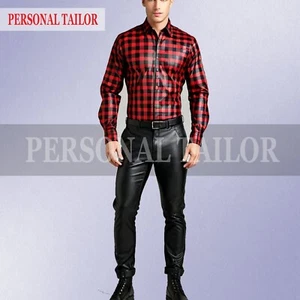 Men's Genuine Red Check Board Lambskin Leather Pant And Shirt Causal Dress Set - Picture 1 of 4