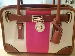MICHAEL KORS Hamilton Center Stripe East West Satchel Ivory/Coral - Picture 1 of 11