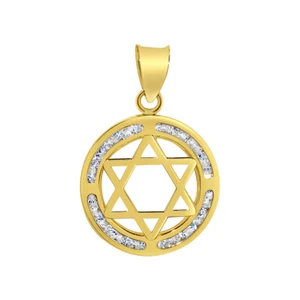 Genuine 14k Yellow Gold 0.82" Cubic Zirconia Round Star of David Jewish Pendant - Picture 1 of 6