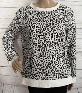 Talbots Leopard Print Sweatshirt Medium White Tan Black Casual 100% Cotton Top - Picture 1 of 12