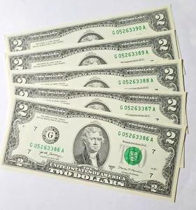 5 Consecutive Serial Number 2 Two Dollar Bills Circulated 2017 - Picture 1 of 4