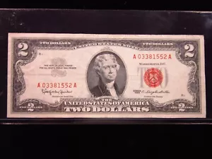 USA $2 1963 A03381552A # UNITED STATES Note RED Seal Jefferson Dollars Money - Picture 1 of 2