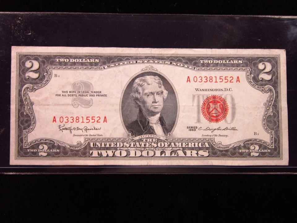 USA $2 1963 A03381552A # UNITED STATES Note RED Seal Jefferson Dollars Money - Image 1 of 2