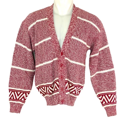 Vintage 1990s men's red cardigan sweater M DOCKERS white stripes cotton knit - Image 1 of 4