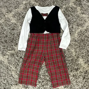 Caught Ya Lookin Red Tartan Plaid Romper Bowtie Boys 4T Outfit Christmas Holiday - Picture 1 of 9