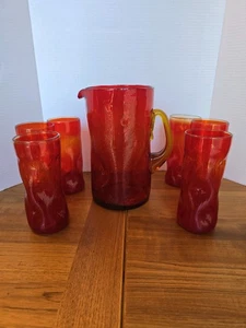 MCM 7018 Blenko Tangerine Dimple Crackle Pinched Pitcher/6 Glass Set - Picture 1 of 8