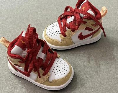 Nike Air Jordan 1 Mid Toddler Boy Size 3C Light Curry Cardinal Red 640735-201 - Image 1 of 4