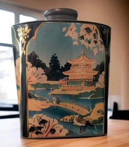 Ancienne pagode japonaise décorative métal étain oiseaux mont Fuji fleurs de cerisier 5"x4" - Photo 1/9