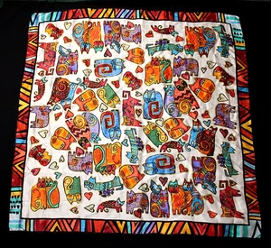 WUNDERSCHÖNER kräftiger Farben "Katzen und Herzen" handgerolltes Seidentuch 35" Quadrat SCHÖN!! - Bild 1 von 6