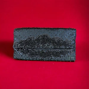 Vintage Black Beaded and Sequins Fold Over Pocket Clutch Handbag Handmade - Picture 1 of 5