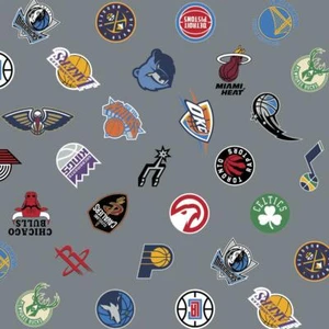 NBA All Teams Mash-Up Logo Gray Cotton Fabric by the Yard - Picture 1 of 2