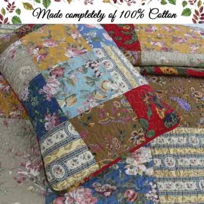 NEW! ~ COZY CHIC REAL PATCHWORK CABIN BLUE RED BROWN GREEN YELLOW ROSE QUILT SET - Image 1 of 4