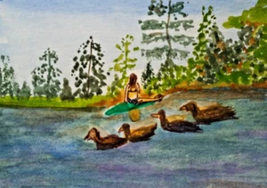 ACEO Original - kayaking Girl Ducks Lake Watercolor 2.5 x 3.5 Signed by MY - Picture 1 of 2