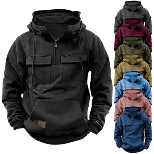 Herren Cargo Hoodie Combat Tops Militärarbeit Sweatshirt Solid Baggy Zipper Coat - Bild 1 von 16