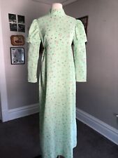 Vintage 60s Prairie Gown M/L Long Green Floral Puff Sleeve Prairie Cottage Core
