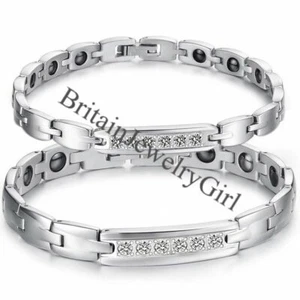 Men Women Stainless Steel Couple Bracelet Magnetic Therapy CZ Charm Link Bangle - Picture 1 of 12