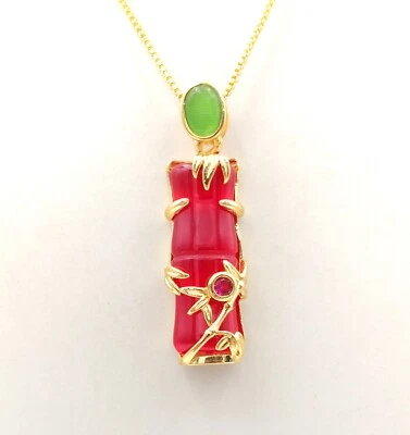 多色玉髓玛瑙玉竹节 18KGP 猫眼吊坠项链 — 第 1/4 张图片