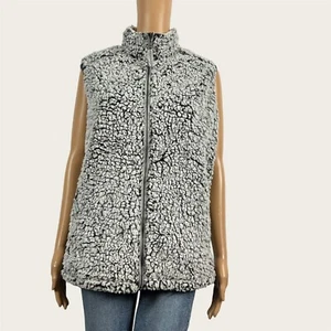 J. America Women's LARGE Gray White Black Plush Sherpa Fleece Zip Up Vest Jacket - Picture 1 of 8