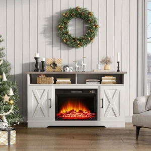 TV Stand Cabinet Unit Table with Electric Fireplace Insert Fire Log Heater Flame - Picture 1 of 19