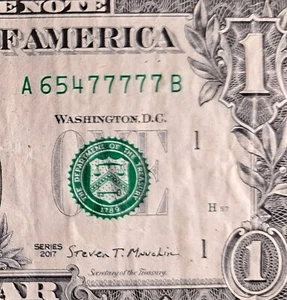Billete de $1 de la serie Fancy Serial Number 2017 ~65477777~ (Escalera 4-5-6-7 FiveinRow) FS - Imagen 1 de 3