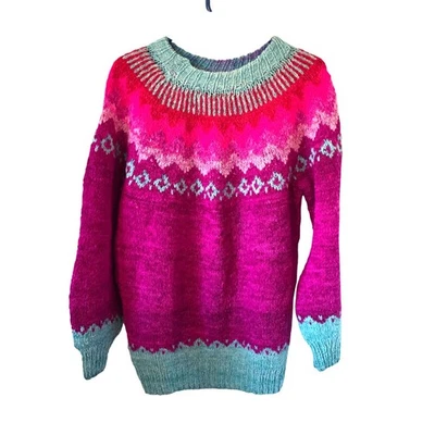 Womens Lambswool Fair Isle Sweater Handmade in Bolivia Size Large Pink Purple  - Image 1 of 3