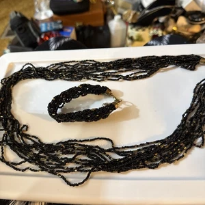 Beaded Black And Gold Necklace With Braided Bracelet - Picture 1 of 16