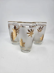 Set Of 3 Vintage MCM Libbey Frosted Golden Foliage Glasses 12 Oz Lot Gold Leaf - Picture 1 of 7