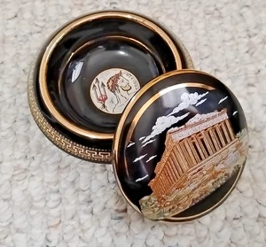 Vintage Athens Greece Round Trinket Box 24K Gold Trim Handmade Greek Parthenon - Picture 1 of 8