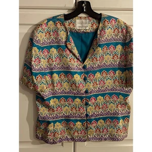 Adrianna Papell Safe Seide Bluse Oberteil Kurzarm Blumen Paisley türkis lila - Bild 1 von 7