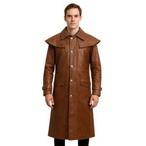 Men’s Long Black Leather Duster Coat – Removable Cape | Western Cowboy Trench - Picture 1 of 8